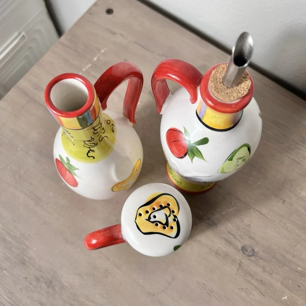 Tabletops Gallery Salad 101 Hand Painted Oil Vinegar Cruet‎ & Pepper Shaker Set